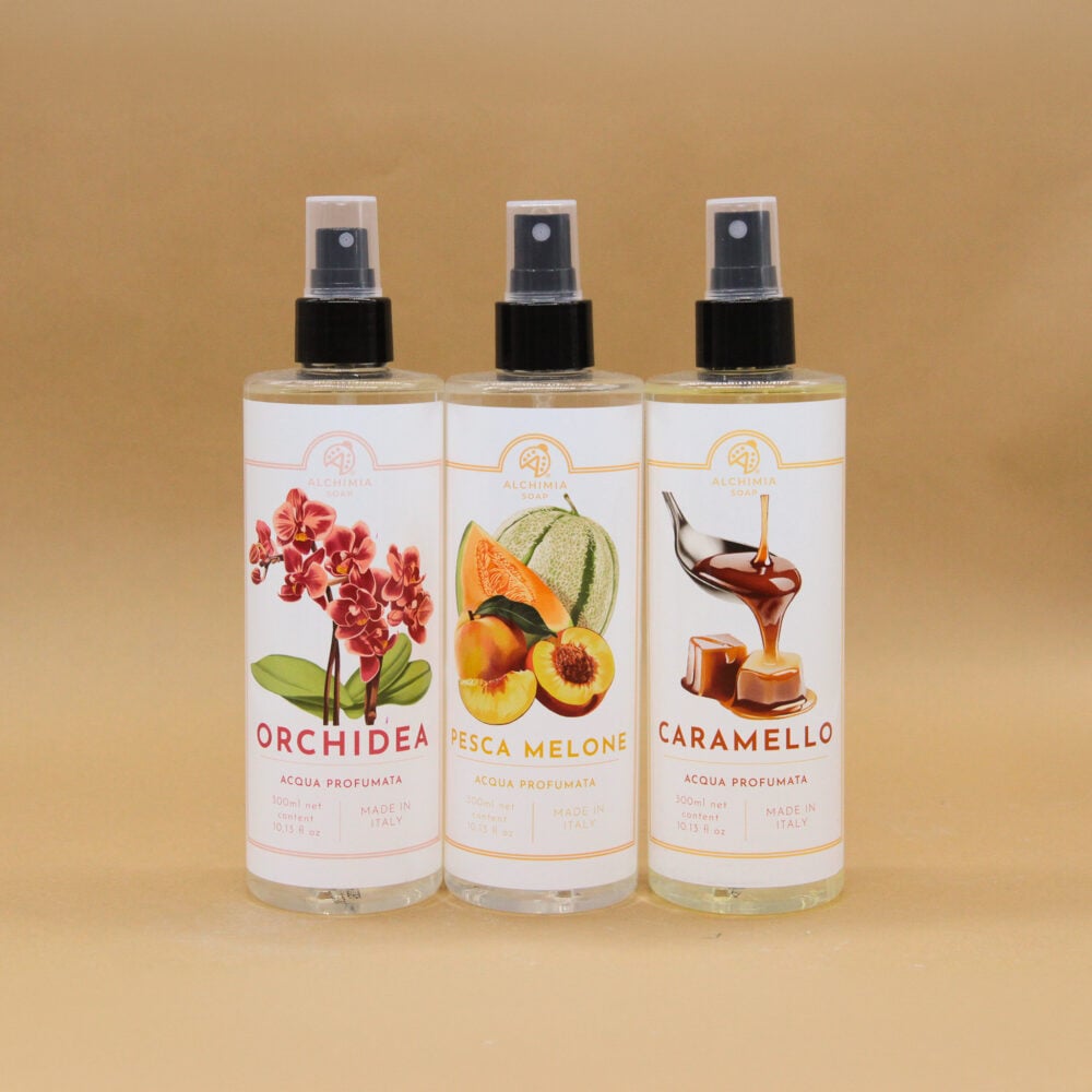 Acqua profumata della linea classica di alchimia soap, nuove profumazioni (orchidea, pesca melone, caramello)