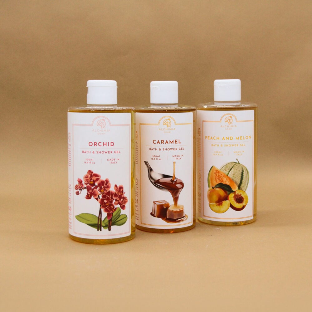 shower gel della linea classica di alchimia soap, varie profumazioni (orchidea, caramello, pesca melone)