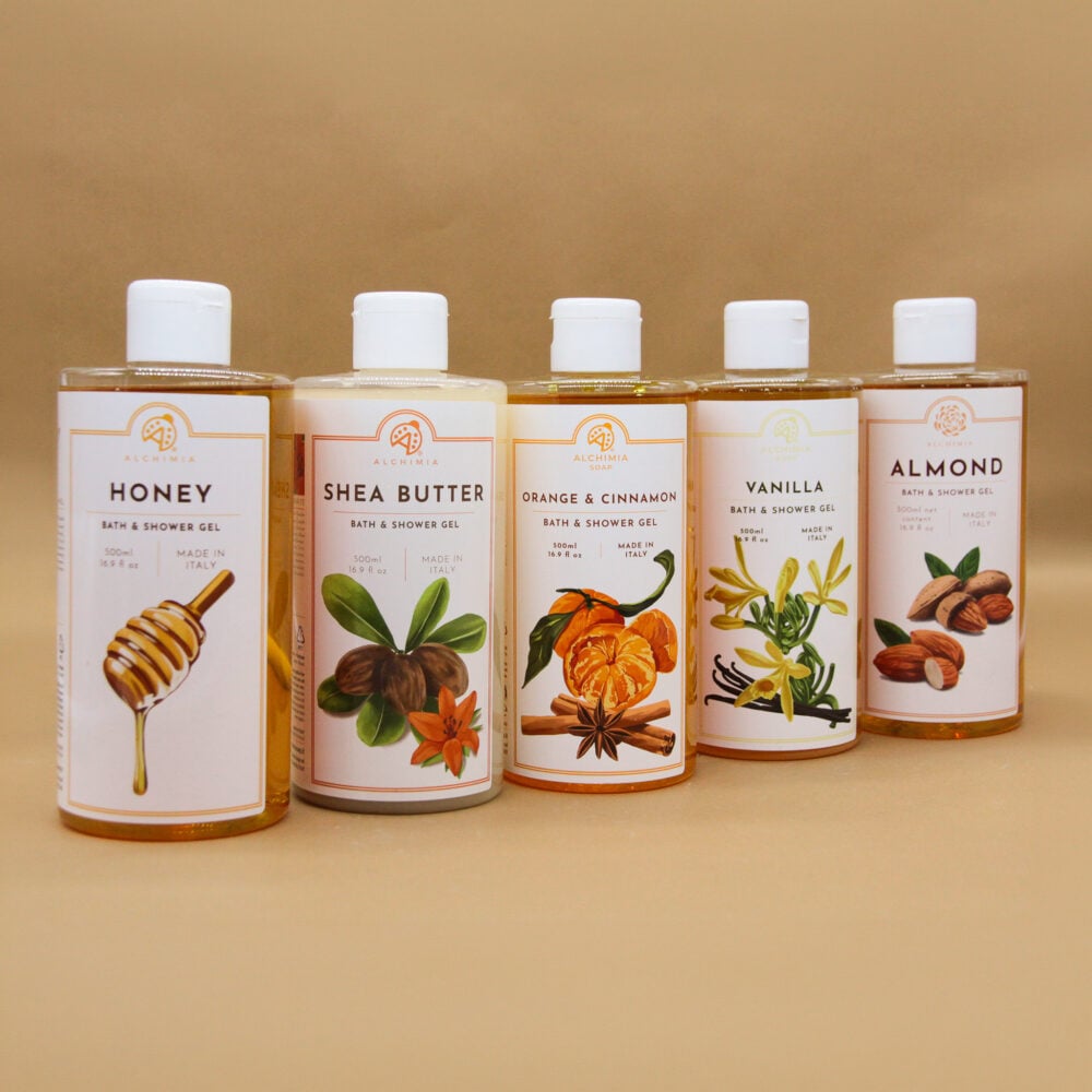 Shower gel della linea classica di alchimia soap, varie profumazioni (miele, burro di karitè, arancia cannella, vaniglia, mandorla)