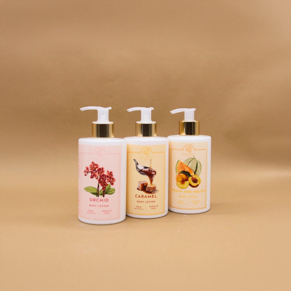 Body lotion della linea classica di alchimia soap, nuove profumazioni (orchidea, caramello, pesca melone)