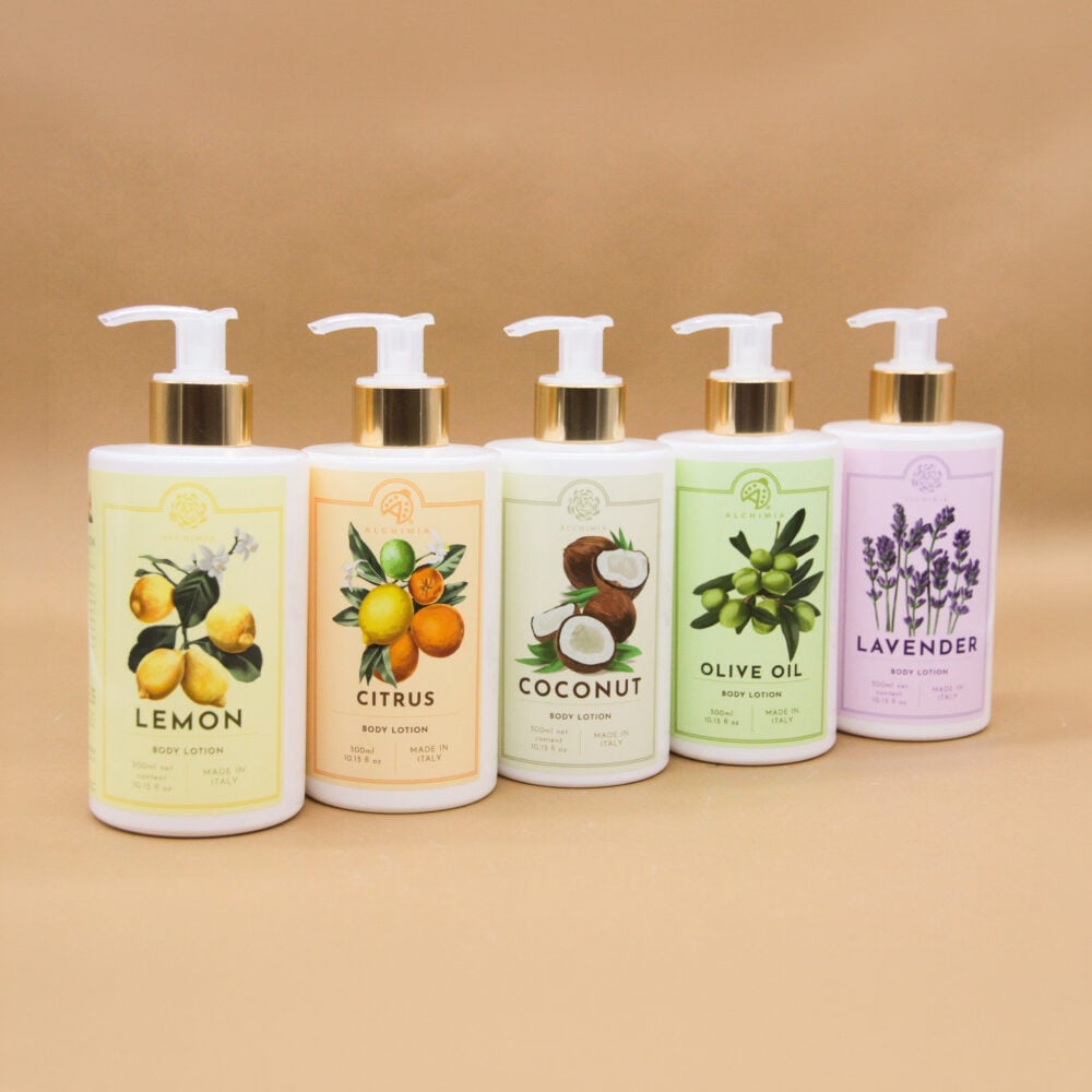 Body lotion della linea classica di alchimia soap, varie profumazioni (limone, agrumi, cocco, olio di oliva, lavanda)