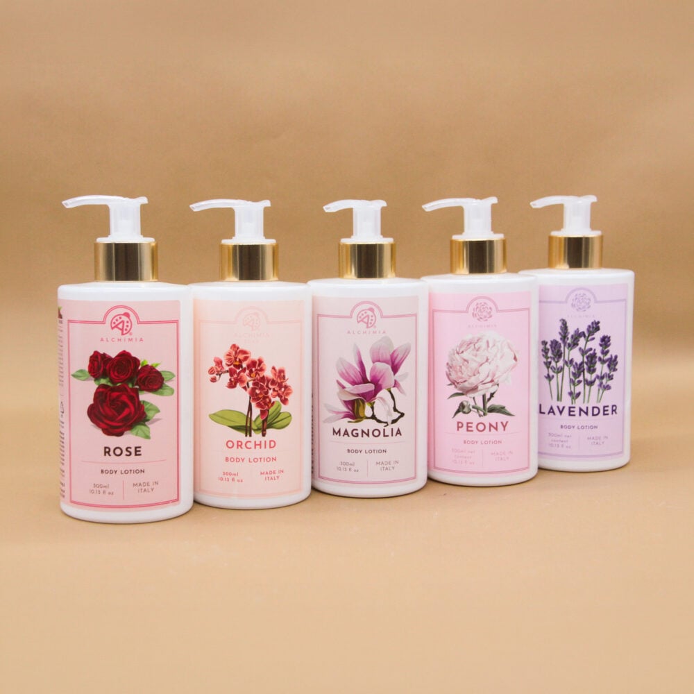 Body lotion della linea classica di alchimia soap, profumazioni floreali (rosa, orchidea, magnolia, peonia, lavanda)
