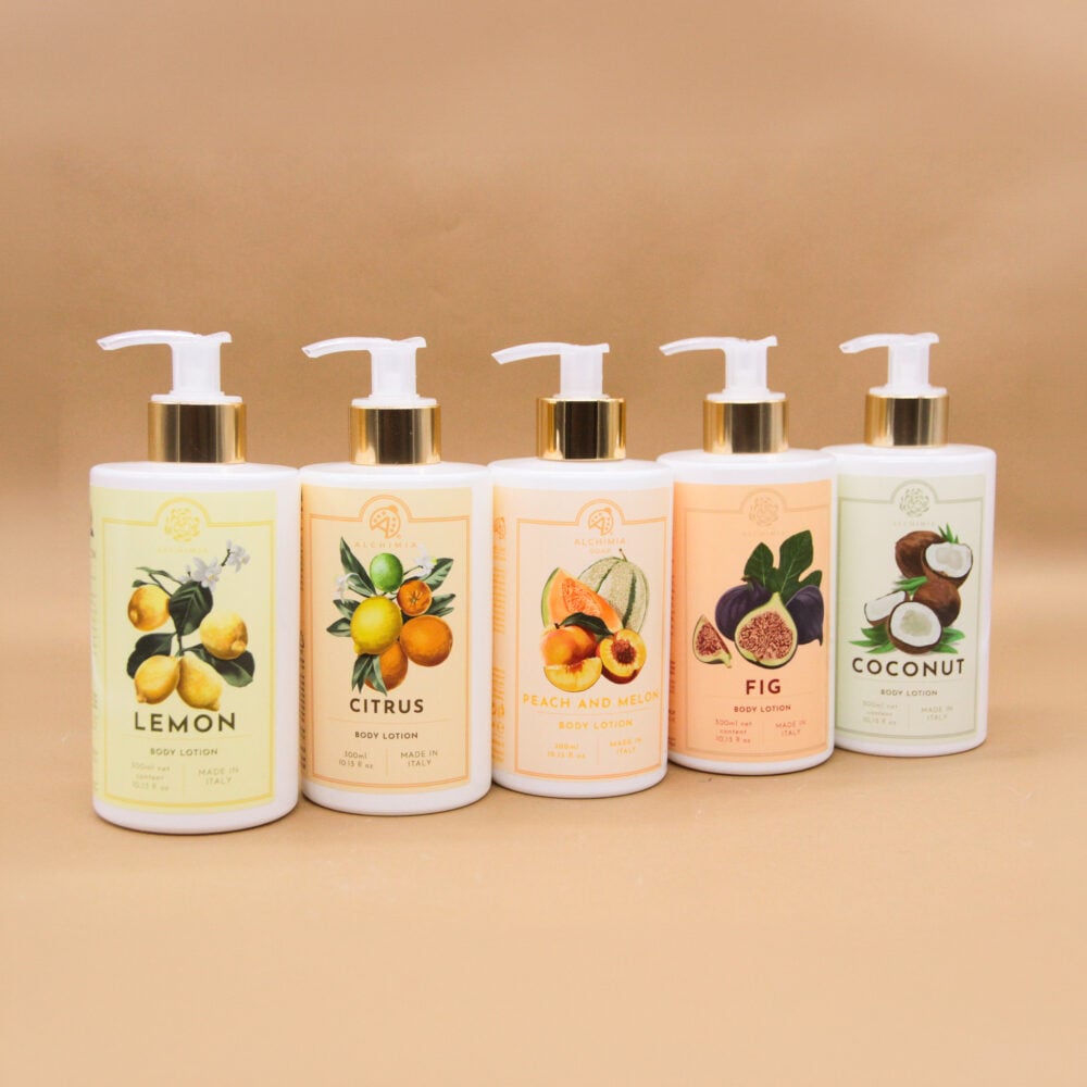 Body lotion della linea classica di alchimia soap, profumazioni fruttate (limone, agrumi, pesca melone, fico, cocco)