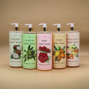 body wash da 1 litro della linea classica di alchimia soap, varie profumazioni: cocco, oliva, rosa, agrumi, mandorla vaniglia