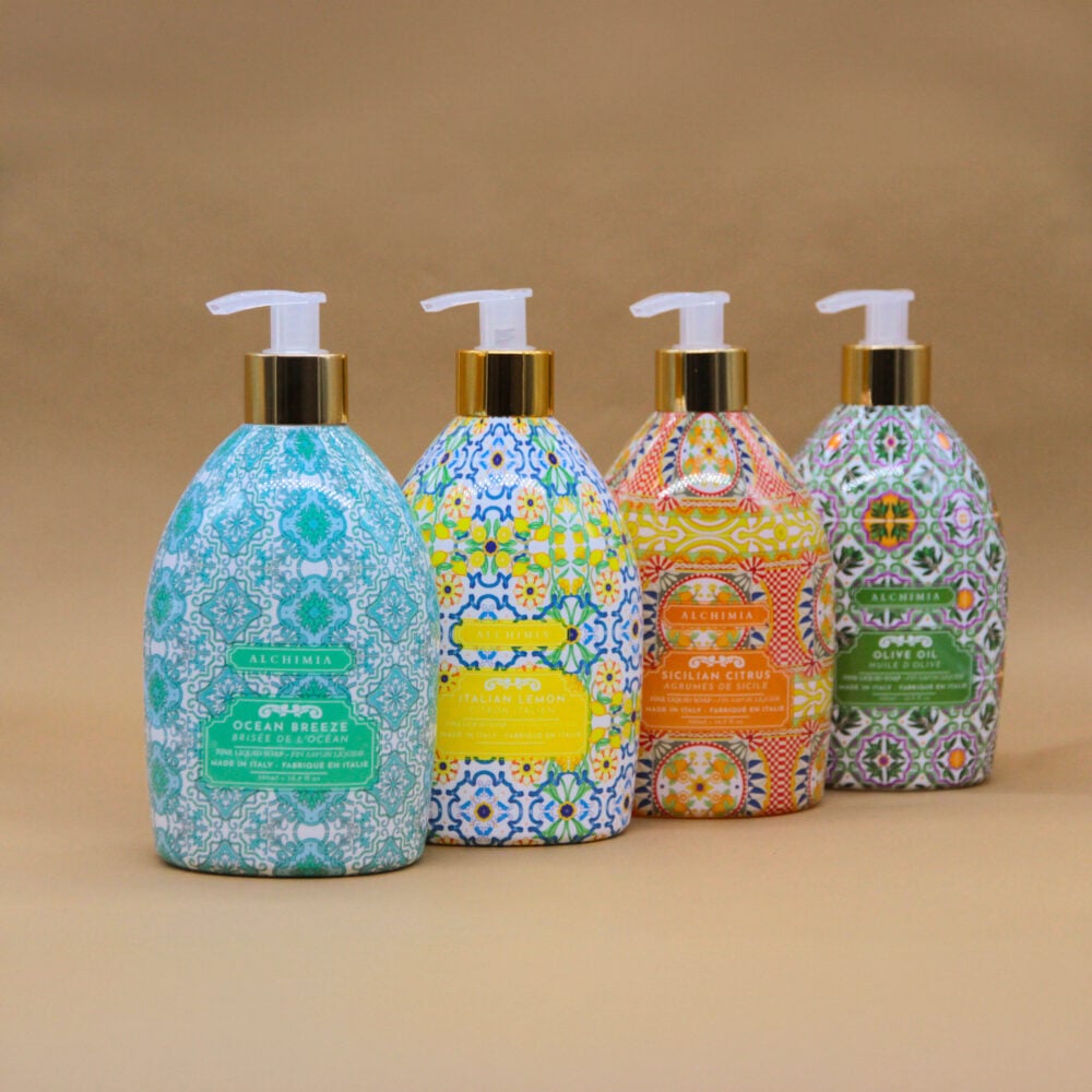 sapone liquido della linea frutti d'italia di alchimia soap, varie profumazioni: limone, agrumi, olio di oliva, brezza marina