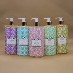 sapone liquido con grafica ceramica di alchimia soap, varie profumazioni: lavanda, brezza marina, rosa, peonia, limone