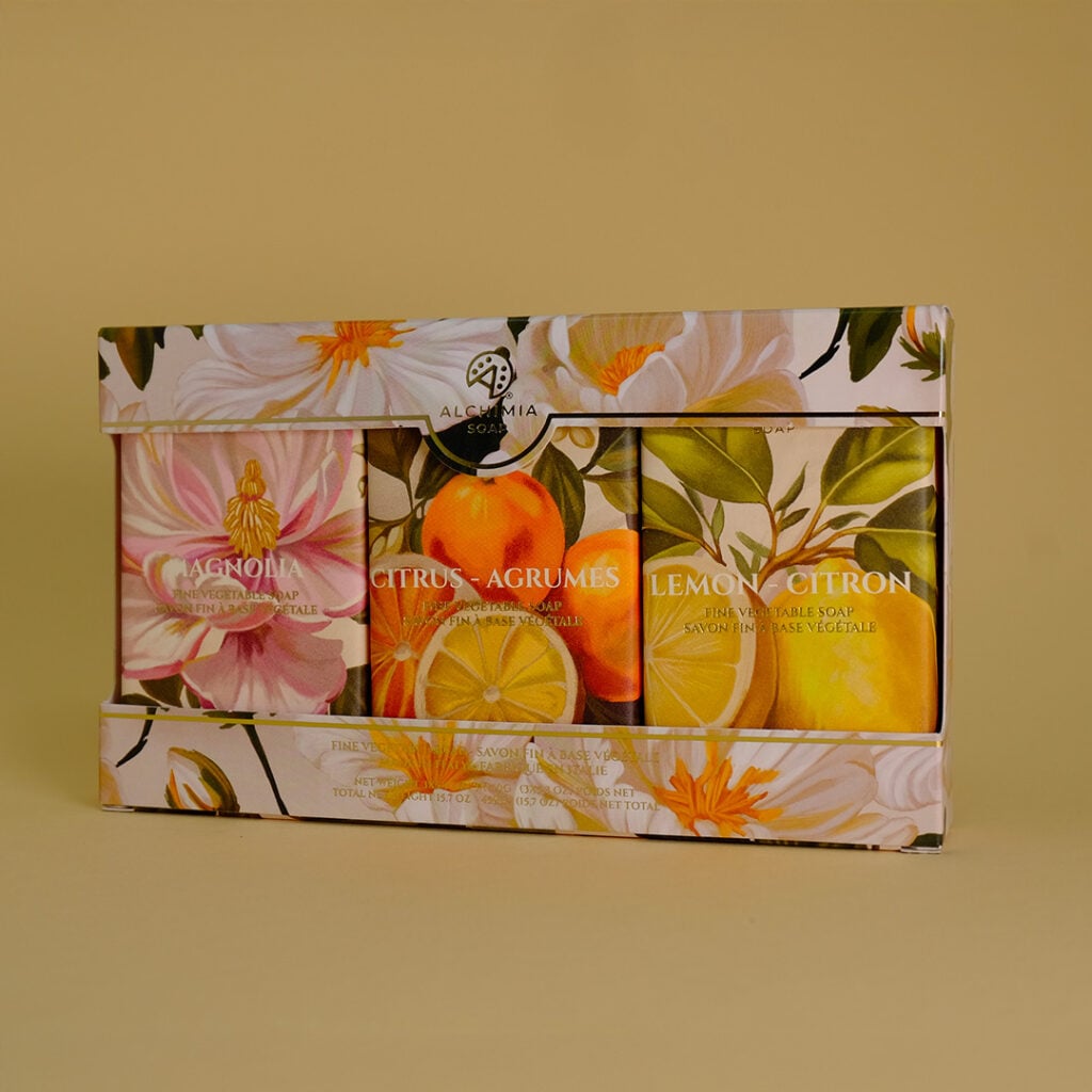 set giardino fiorito: 3 saponi alla magnolia, agli agrumi e al limone