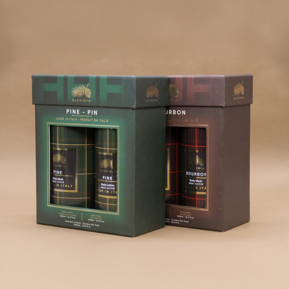 Gift box natalizie per uomo della linea natale 2025 di alchimia soap, pino e burbon