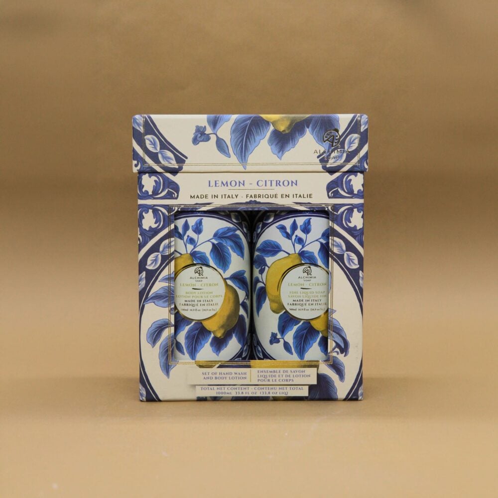 Gift box con body lotion e sapone liquido al limone della linea limone blu di alchimia soap
