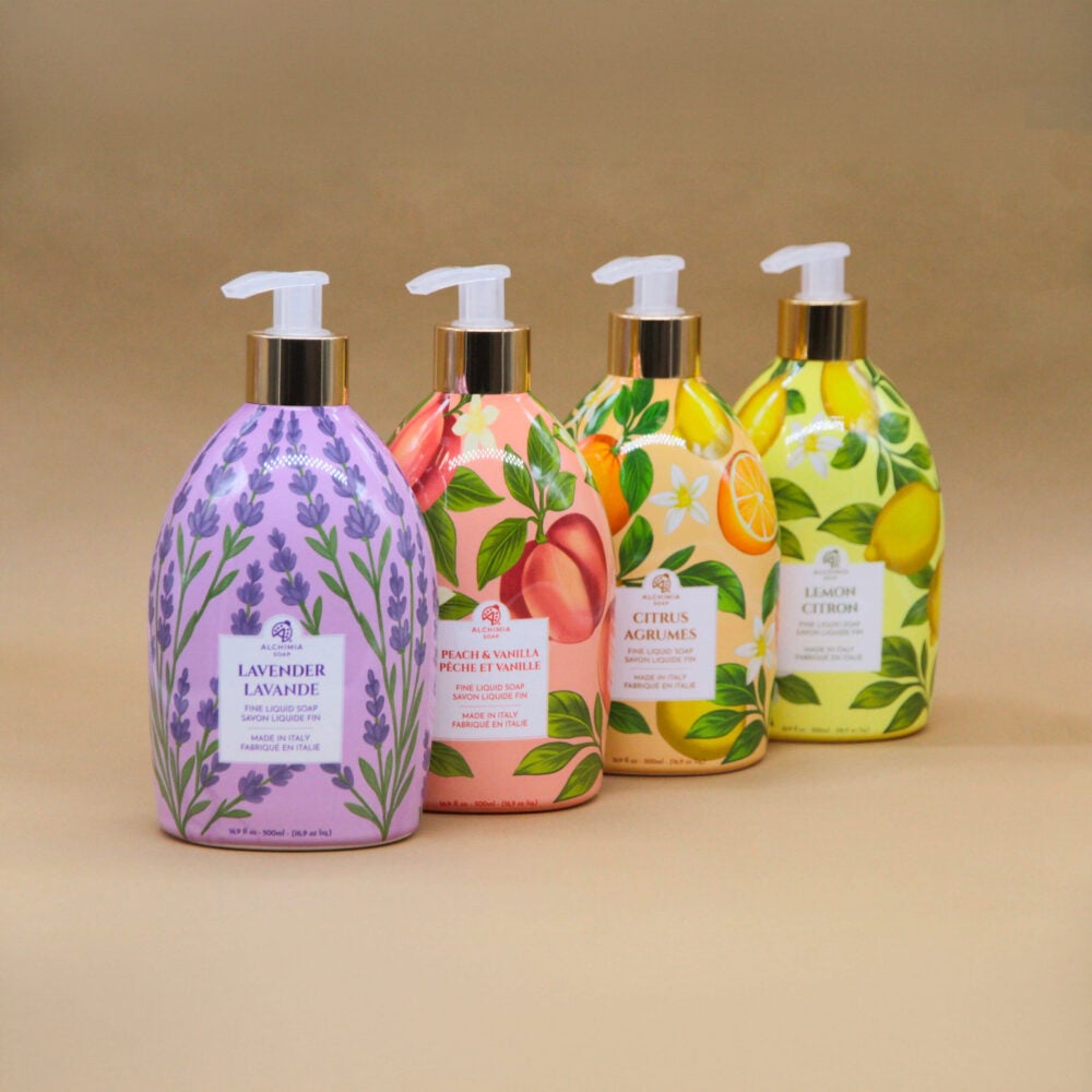 saponi liquidi della linea spring di alchimia soap, varie profumazioni: lavanda, limone, agrumi, pesca vaniglia
