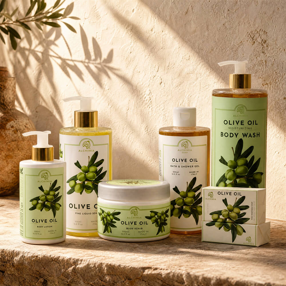 sapone liquido, sapone solido, scrub corpo, shower gel e boy lotion all'olio d'oliva - Alchimia Soap