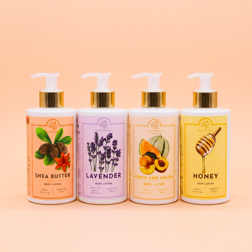 set di crema corpo profumata per l'estate in diverse profumazioni: miele, burro di karité, lavanda, pesca e melone