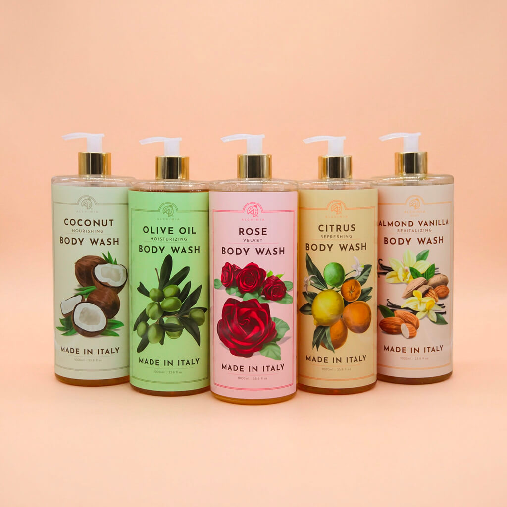 doccia schiuma estivi da 1 litro con fragranze fresche: cocco, rosa, olio d'oliva, agrumi, mandorla vaniglia